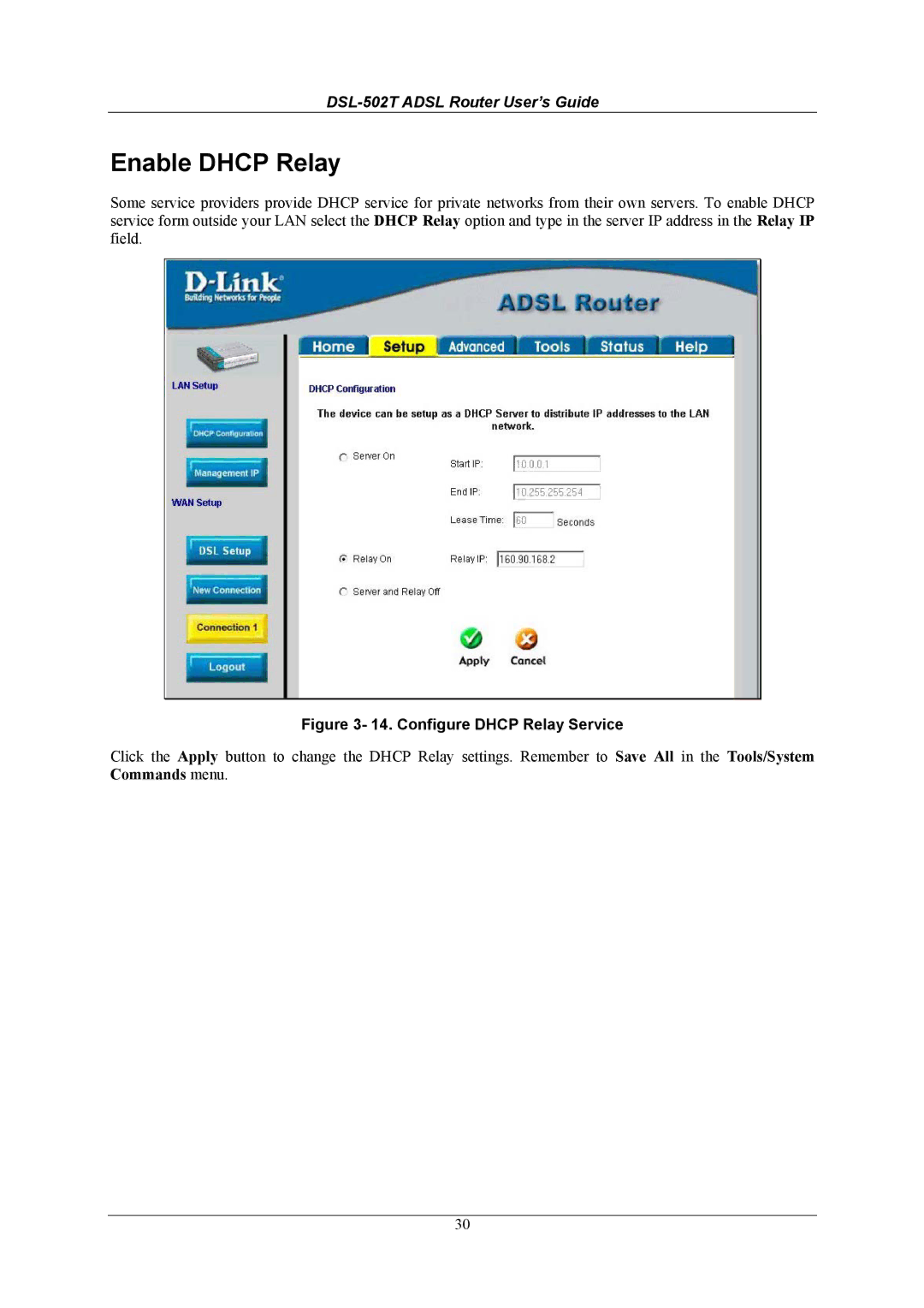 D-Link DSL-502T manual Enable Dhcp Relay, Configure Dhcp Relay Service 