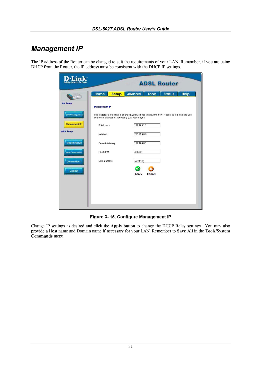 D-Link DSL-502T manual Configure Management IP 