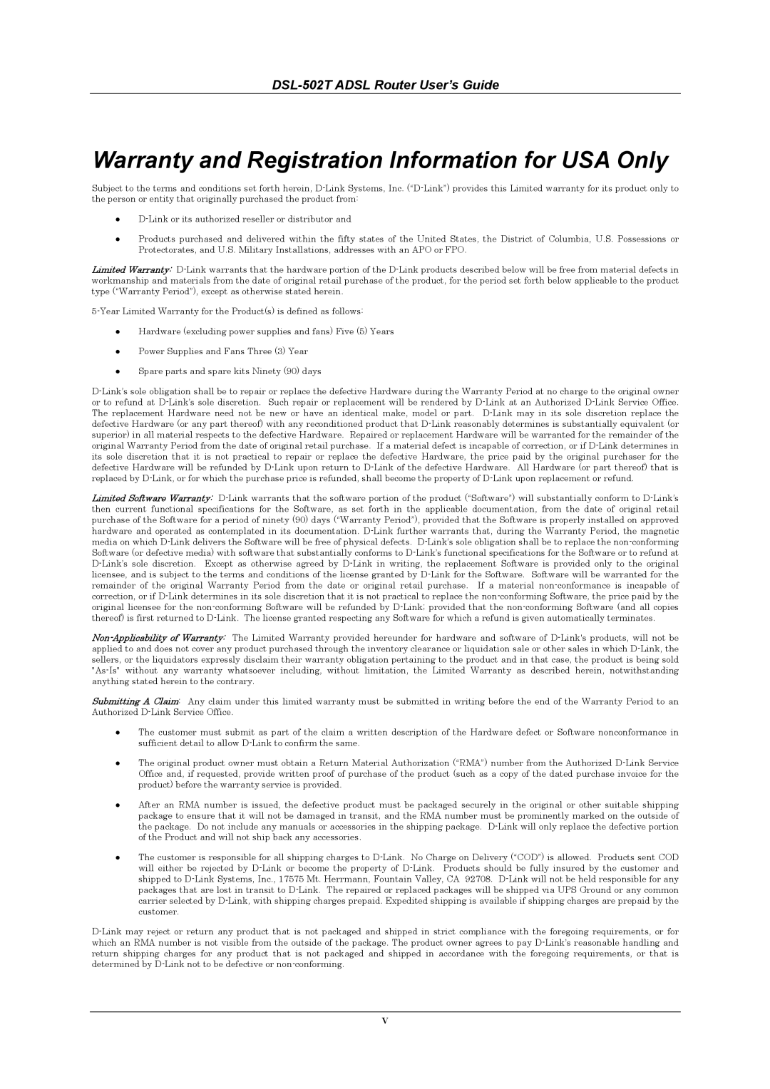 D-Link DSL-502T manual Warranty and Registration Information for USA Only 