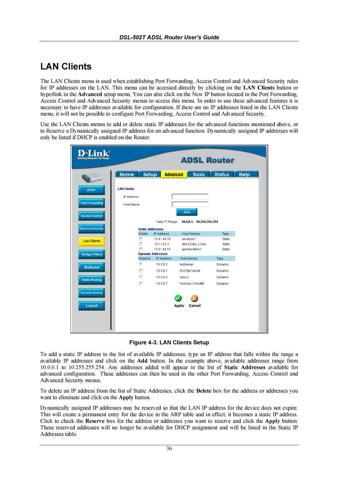 D-Link DSL-502T manual LAN Clients Setup 