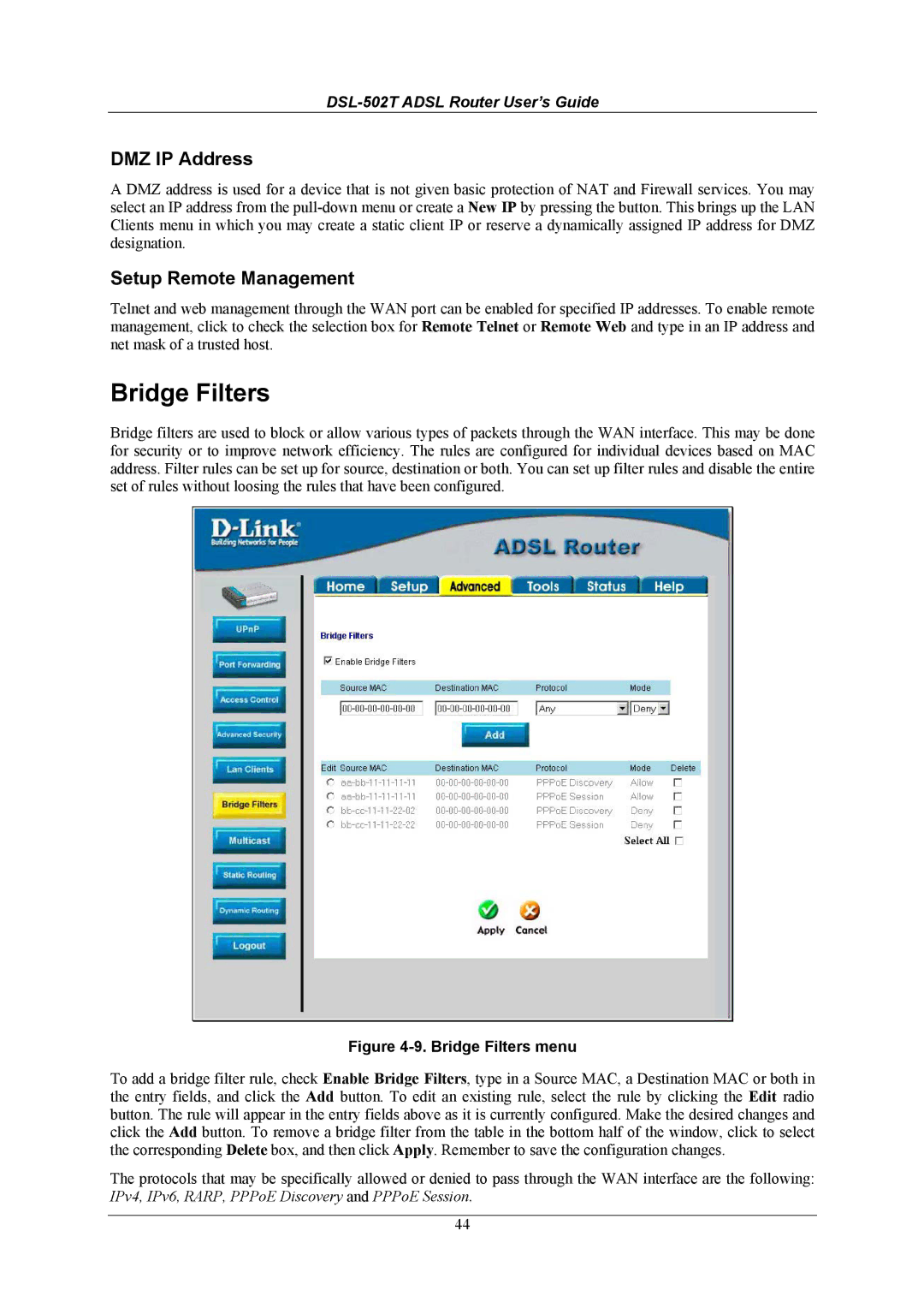 D-Link DSL-502T manual Bridge Filters, DMZ IP Address, Setup Remote Management 