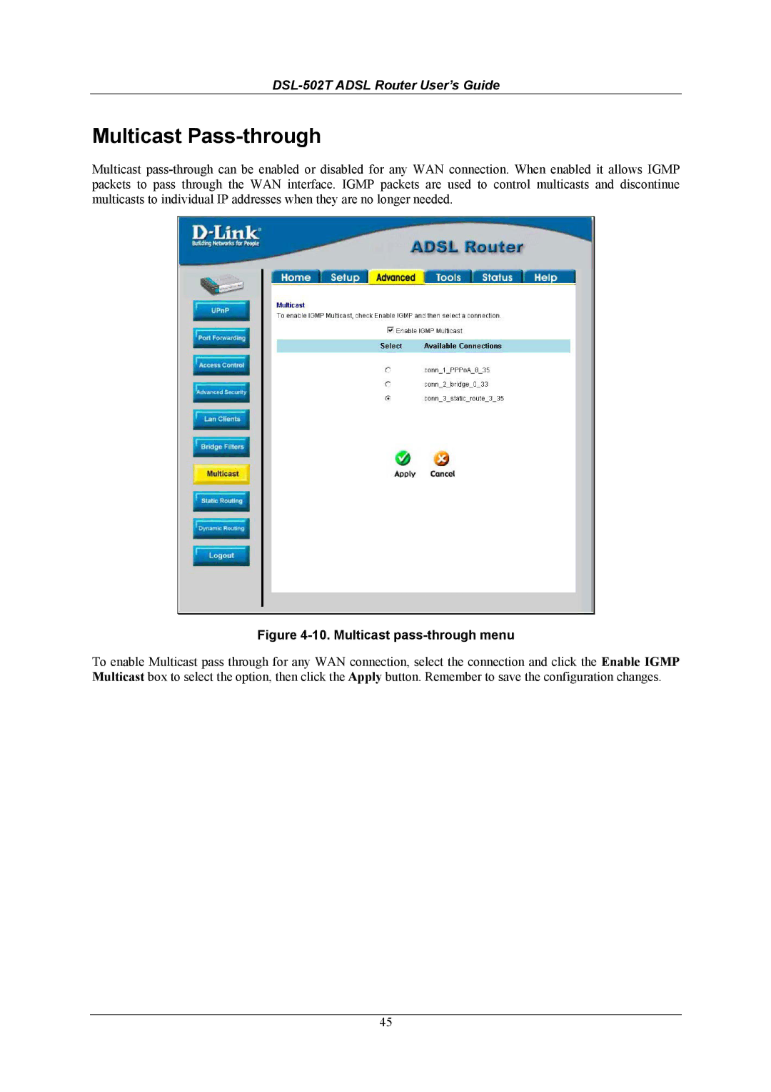 D-Link DSL-502T manual Multicast Pass-through, Multicast pass-through menu 