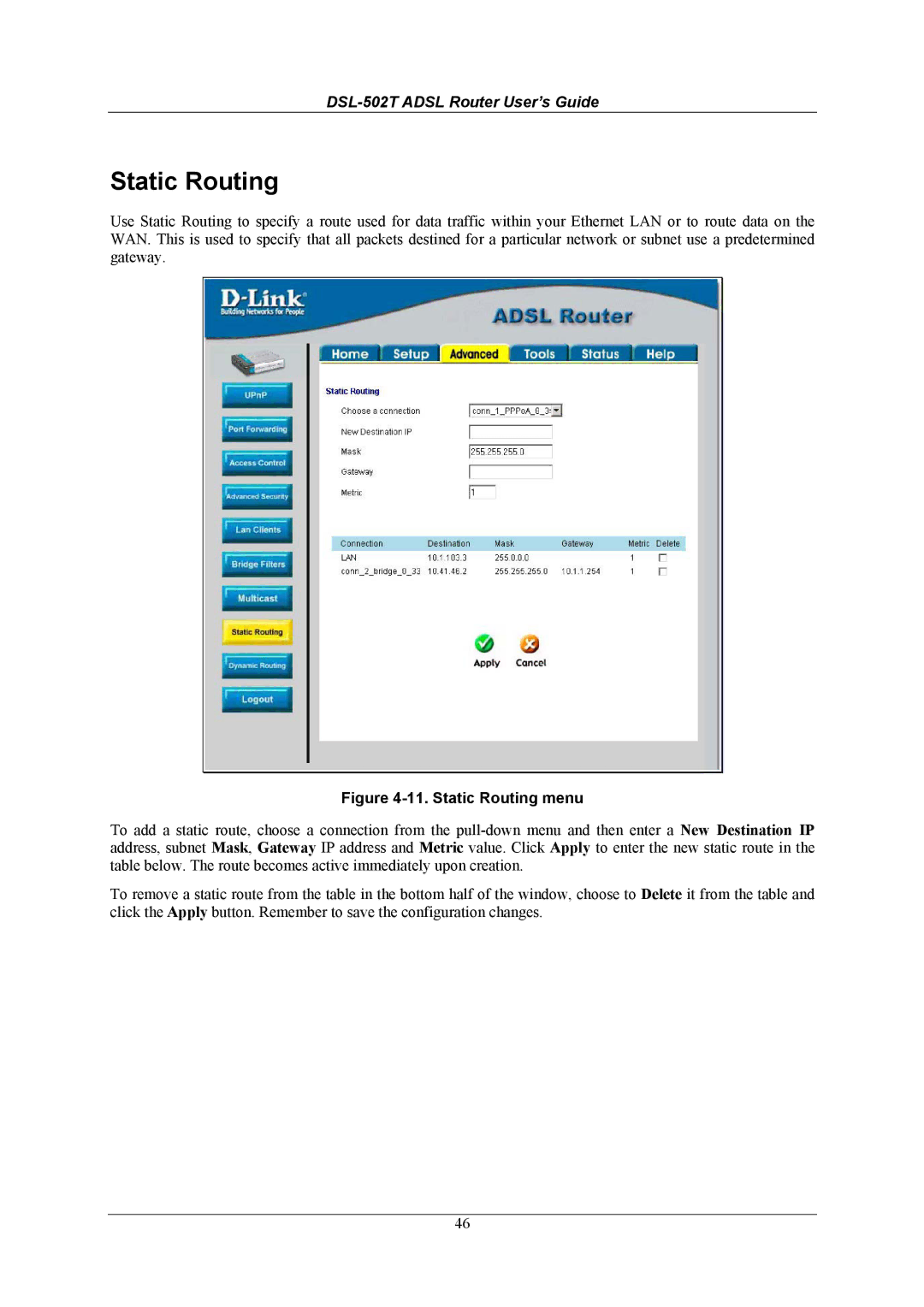 D-Link DSL-502T manual Static Routing menu 