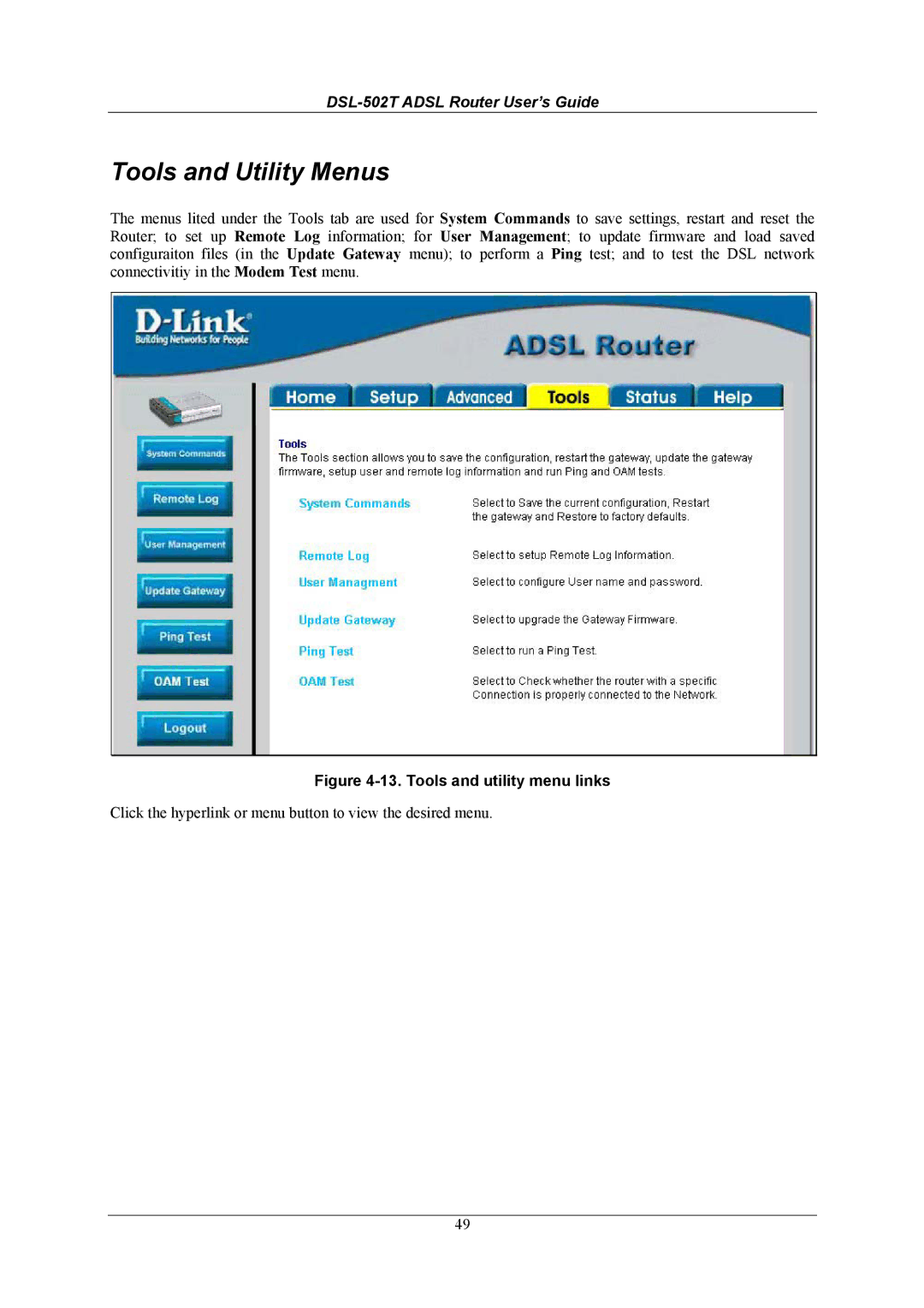 D-Link DSL-502T manual Tools and Utility Menus, Tools and utility menu links 