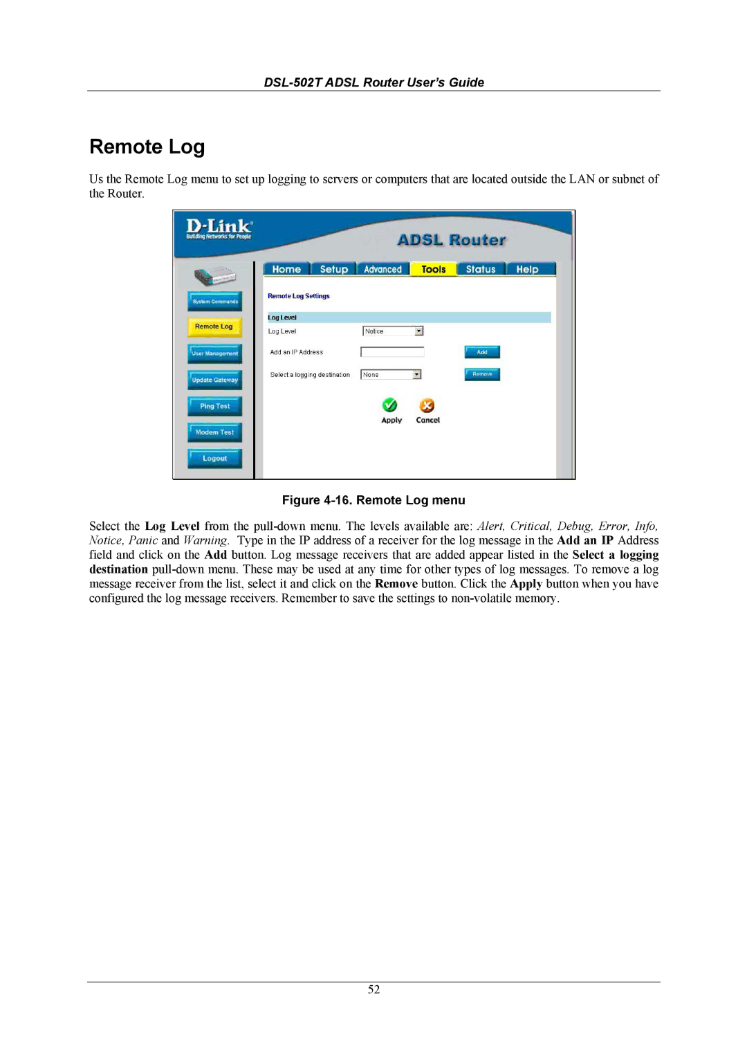 D-Link DSL-502T manual Remote Log menu 