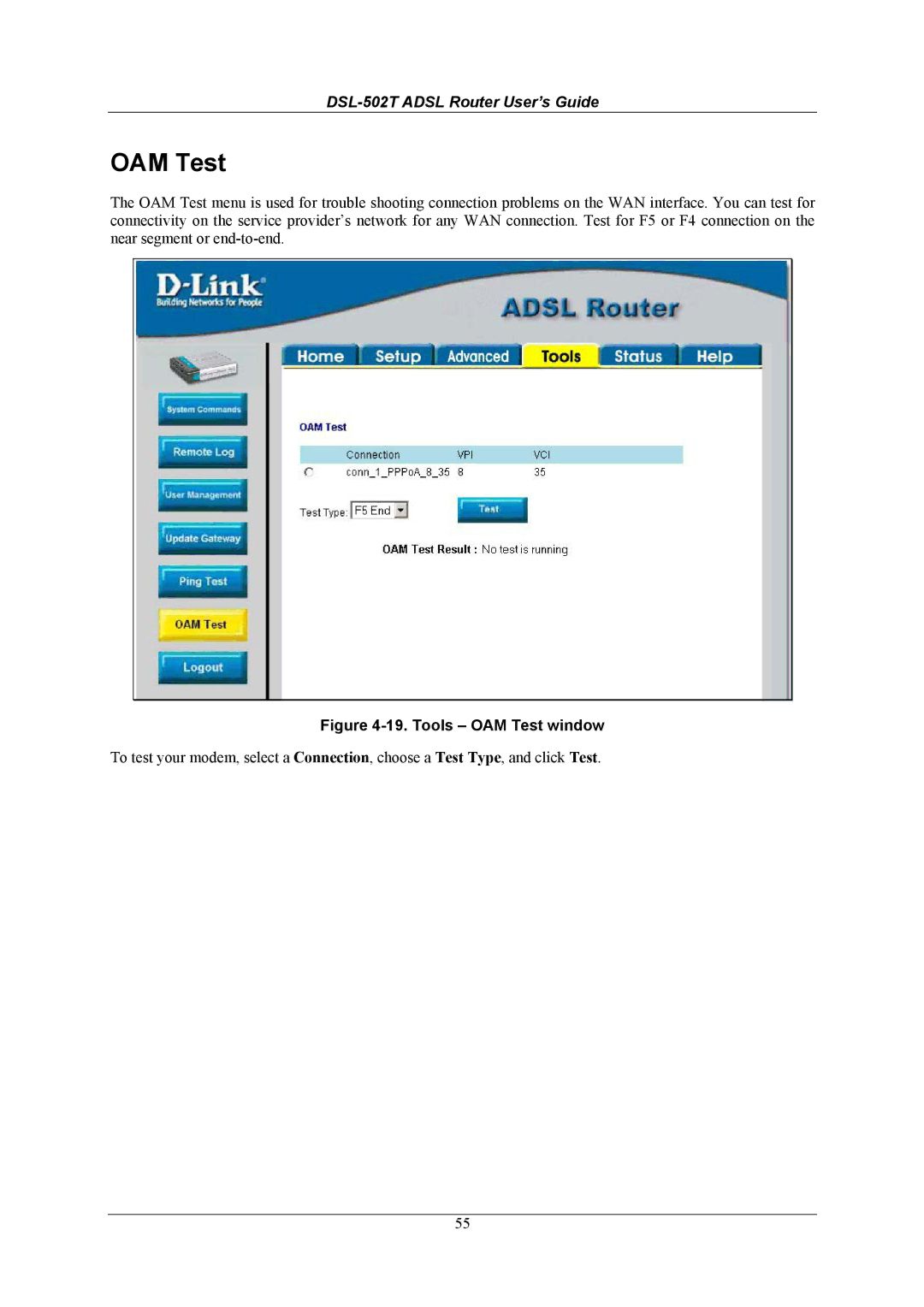 D-Link DSL-502T manual Tools OAM Test window 