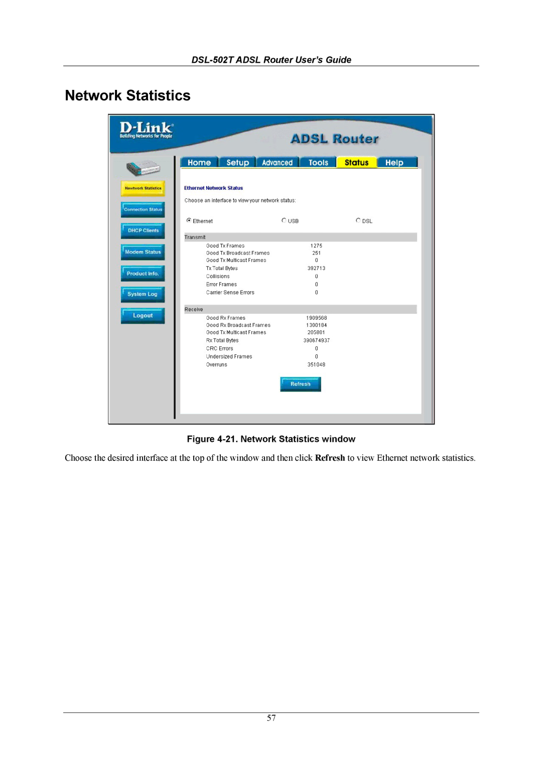 D-Link DSL-502T manual Network Statistics window 