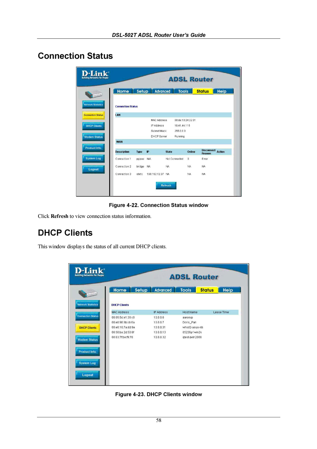 D-Link DSL-502T manual Connection Status, Dhcp Clients 