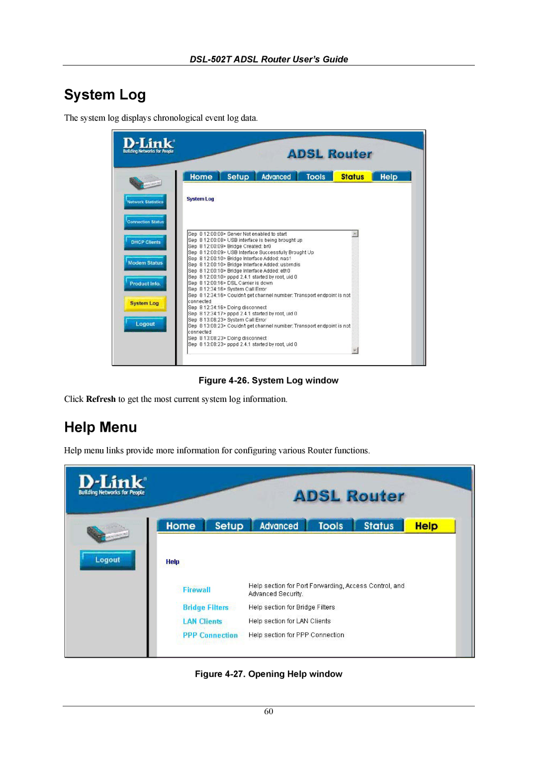 D-Link DSL-502T manual System Log, Help Menu 