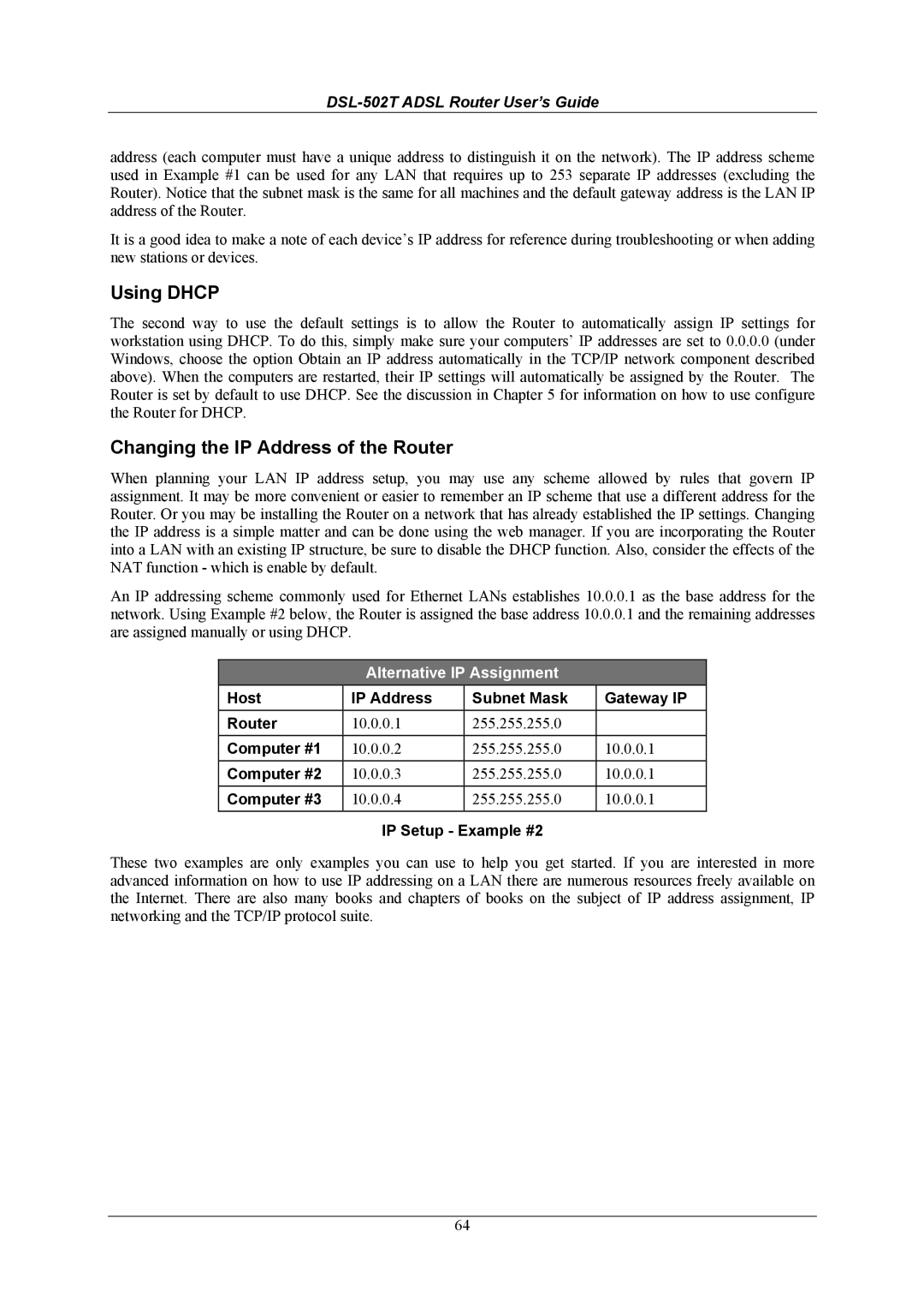 D-Link DSL-502T manual Using Dhcp, Changing the IP Address of the Router, IP Setup Example #2 