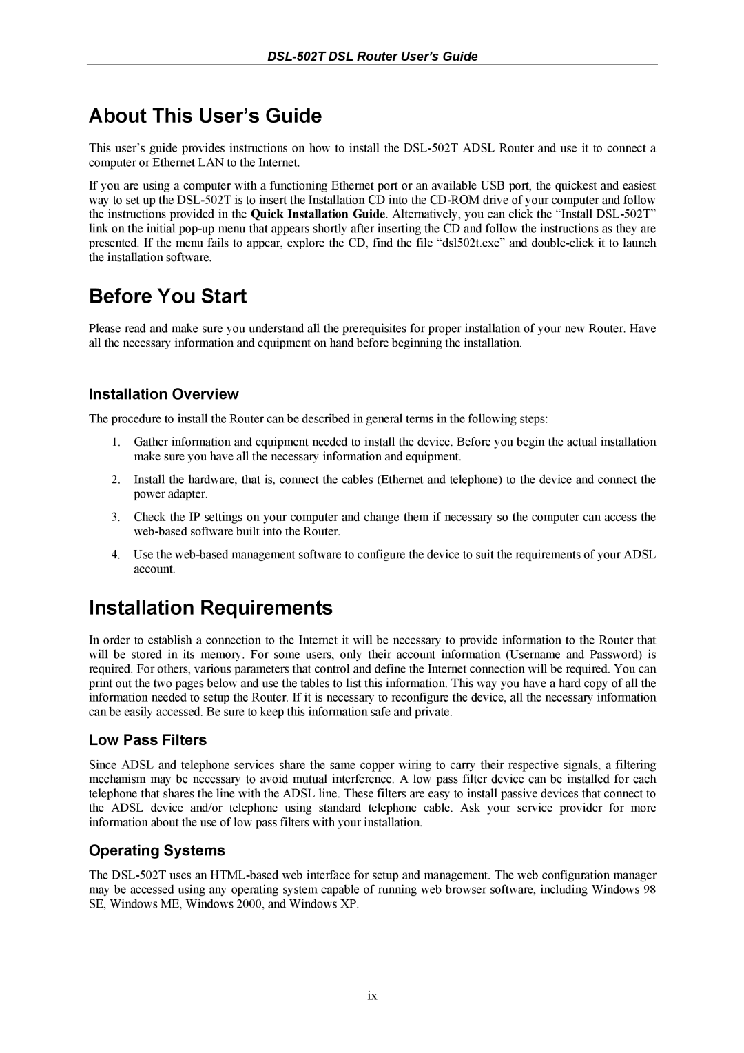 D-Link DSL-502T manual About This User’s Guide, Before You Start, Installation Requirements 