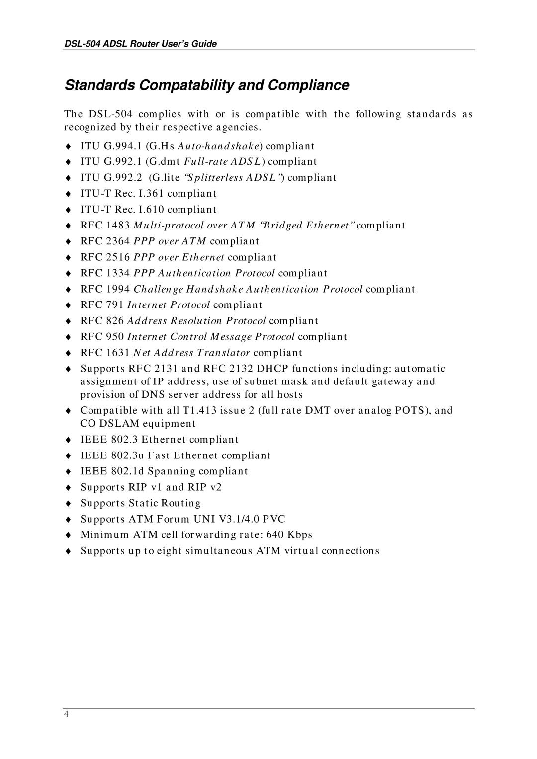 D-Link DSL-504 manual Standards Compatability and Compliance 