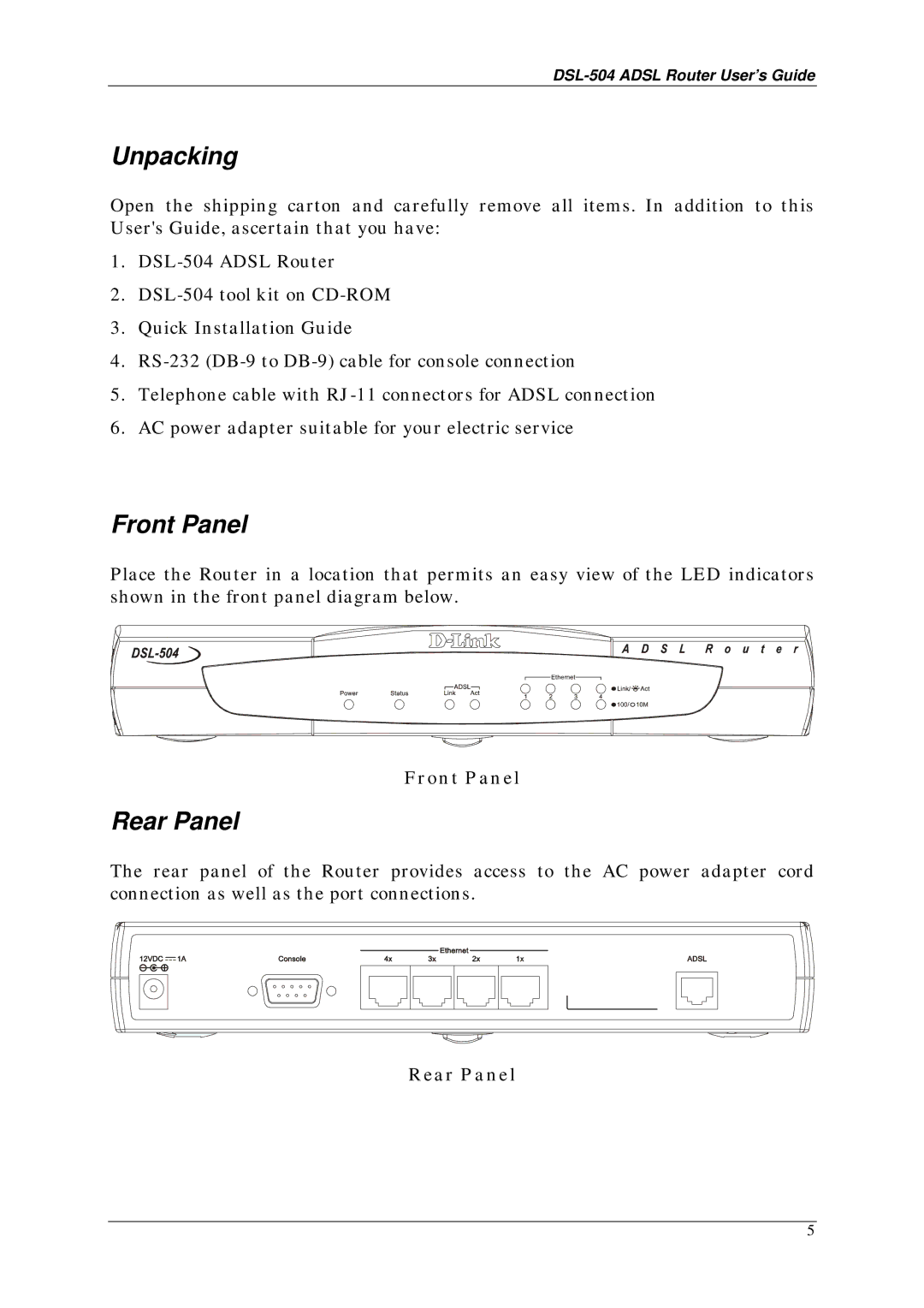 D-Link DSL-504 manual Unpacking, Front Panel, Rear Panel 