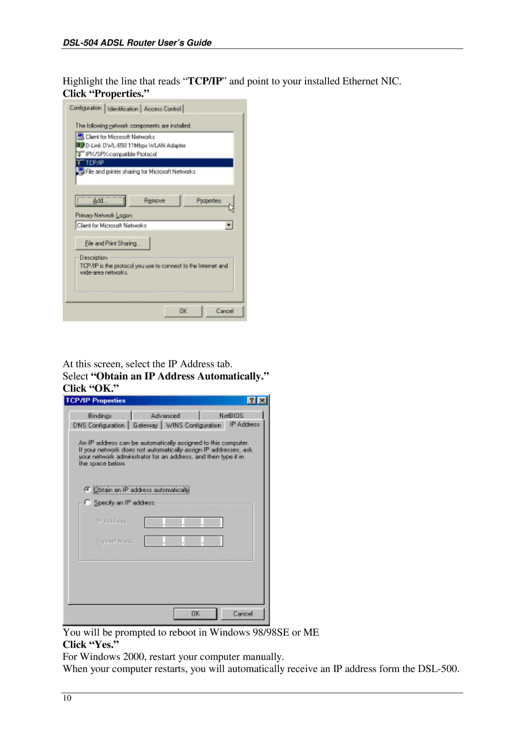 D-Link DSL-504 manual Click Properties 