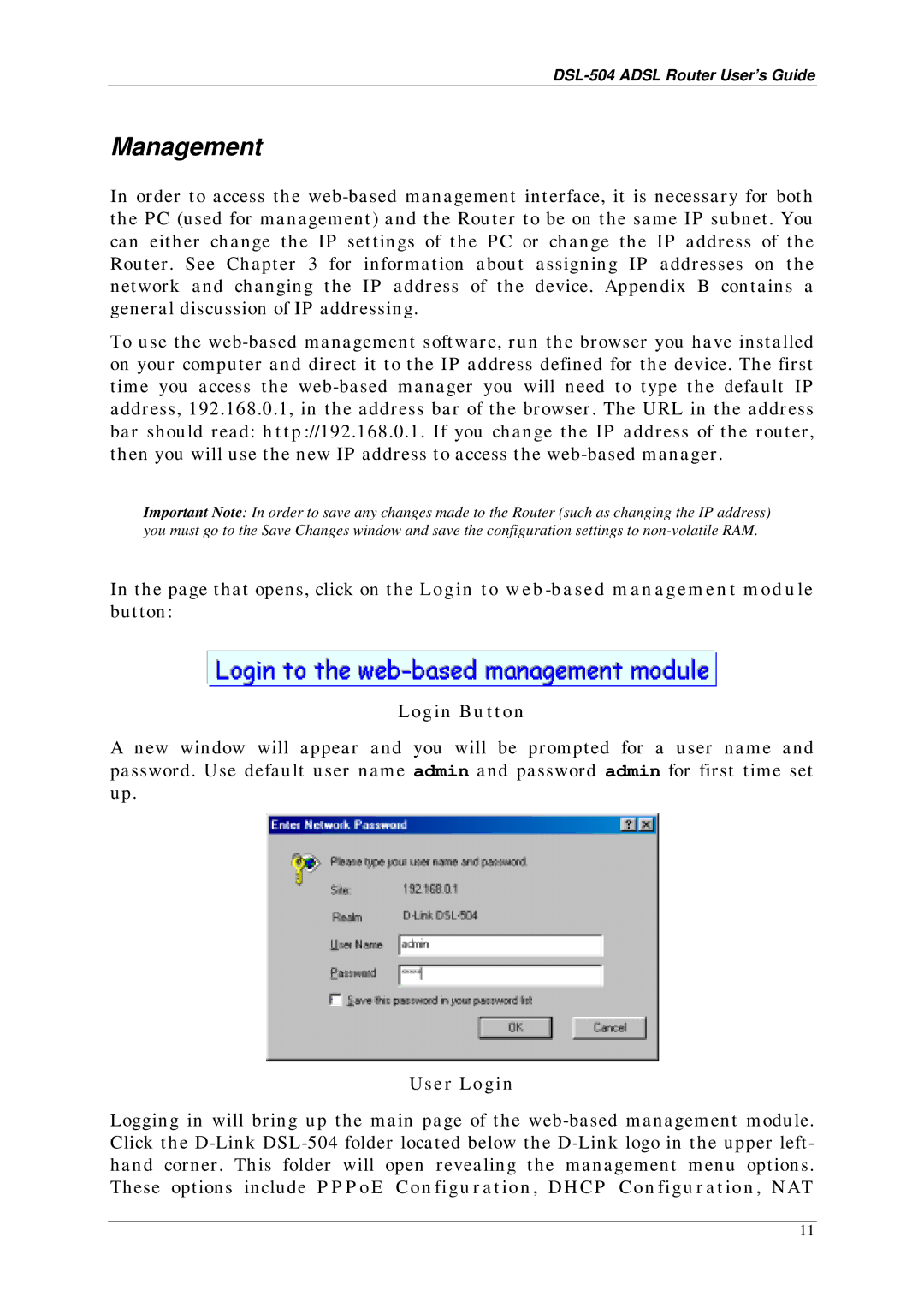 D-Link DSL-504 manual Management, Login Button 