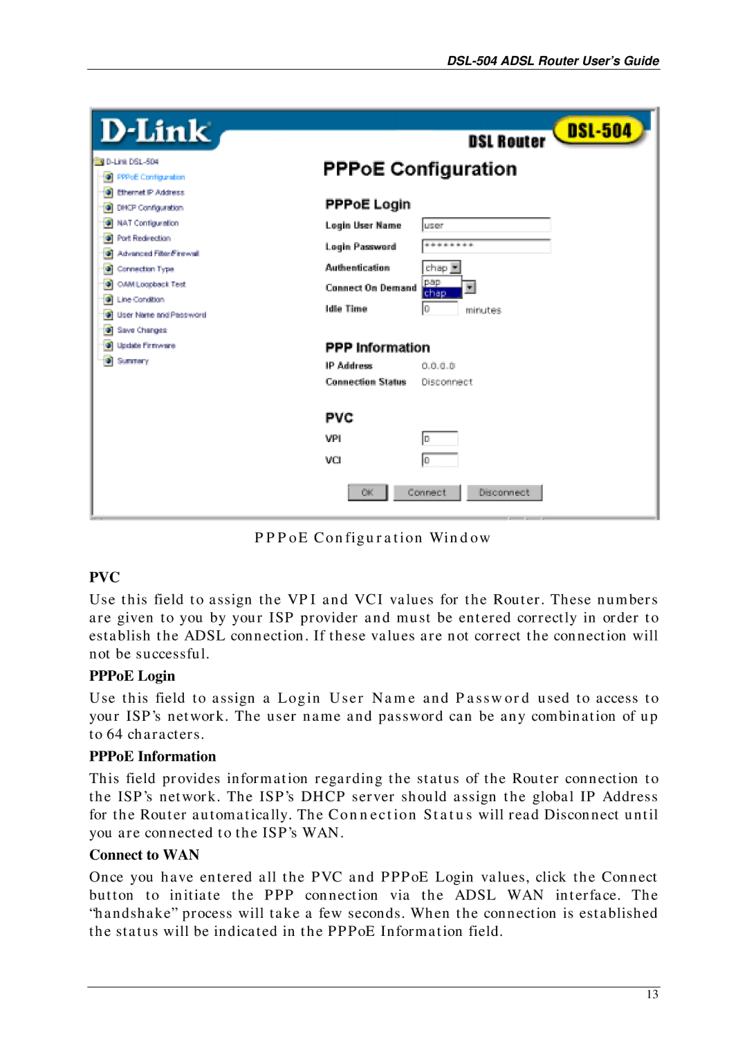 D-Link DSL-504 manual PPPoE Configuration Window, Pvc 