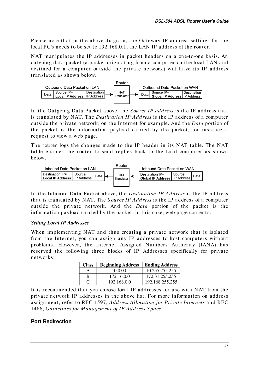 D-Link DSL-504 manual Setting Local IP Addresses, Port Redirection 