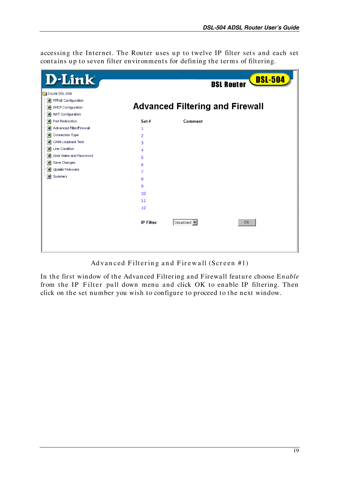 D-Link DSL-504 manual Advanced Filtering and Firewall Screen #1 