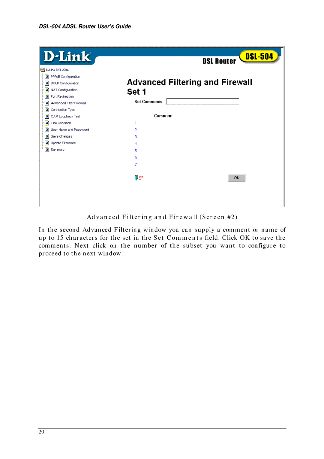 D-Link DSL-504 manual Advanced Filtering and Firewall Screen #2 