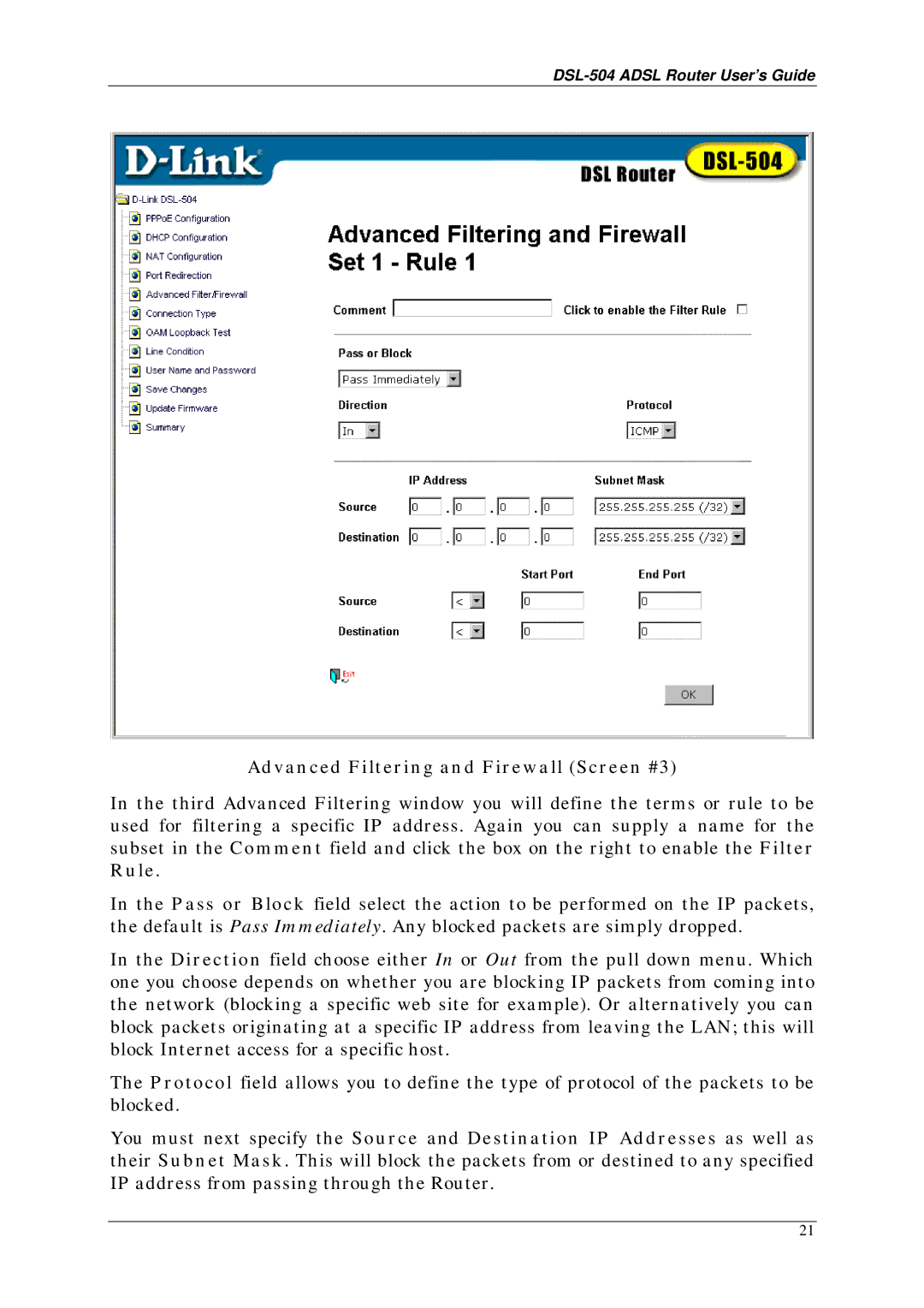 D-Link DSL-504 manual Advanced Filtering and Firewall Screen #3 