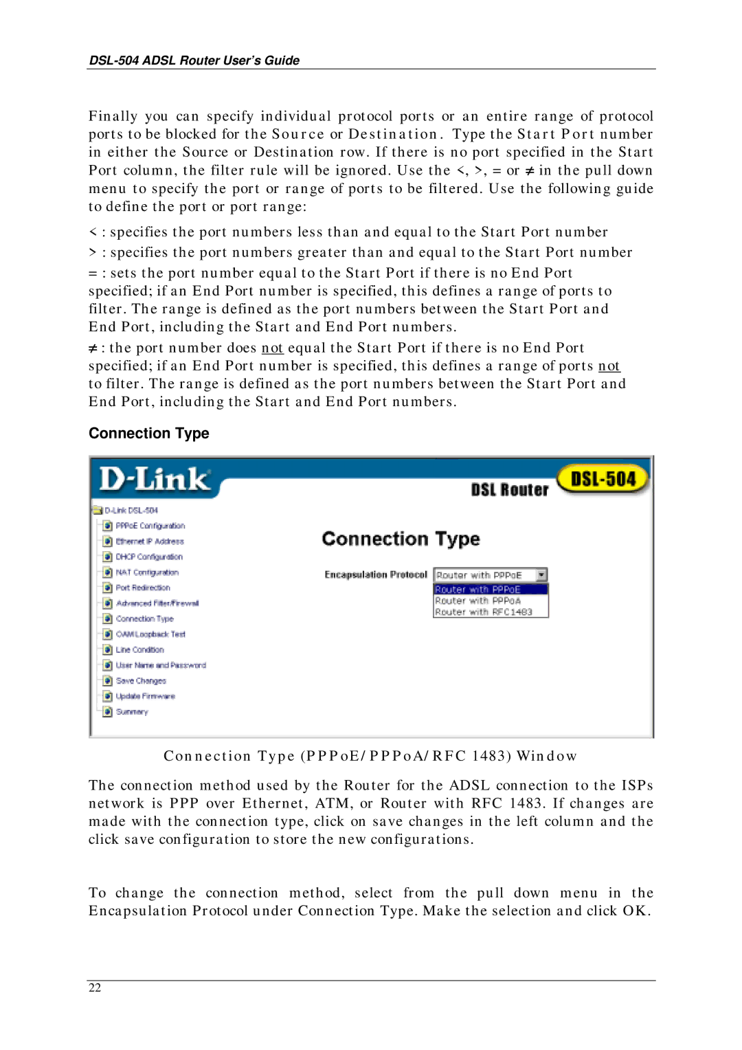 D-Link DSL-504 manual Connection Type PPPoE/ PPPoA/ RFC 1483 Window 