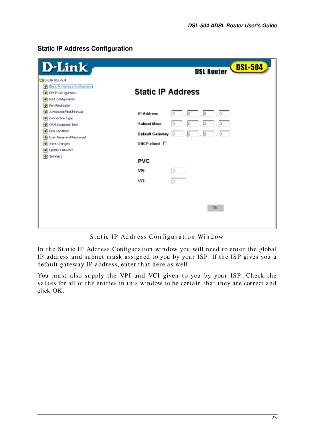 D-Link DSL-504 manual Static IP Address Configuration Window 