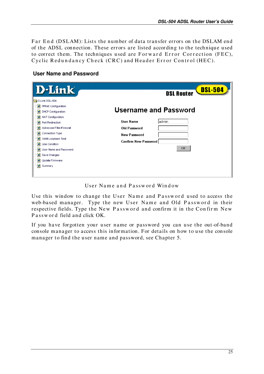 D-Link DSL-504 manual User Name and Password Window 