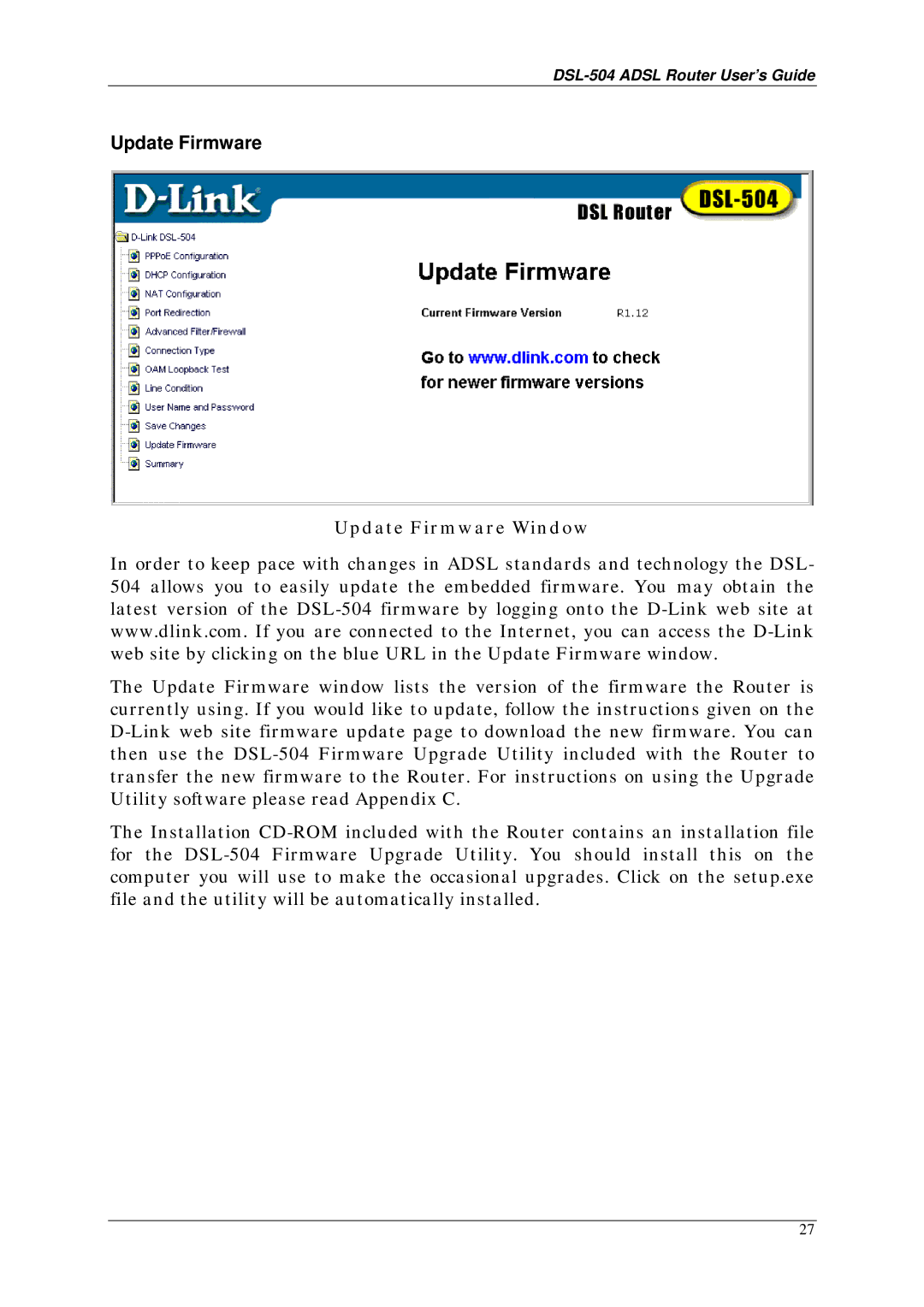 D-Link DSL-504 manual Update Firmware Window 