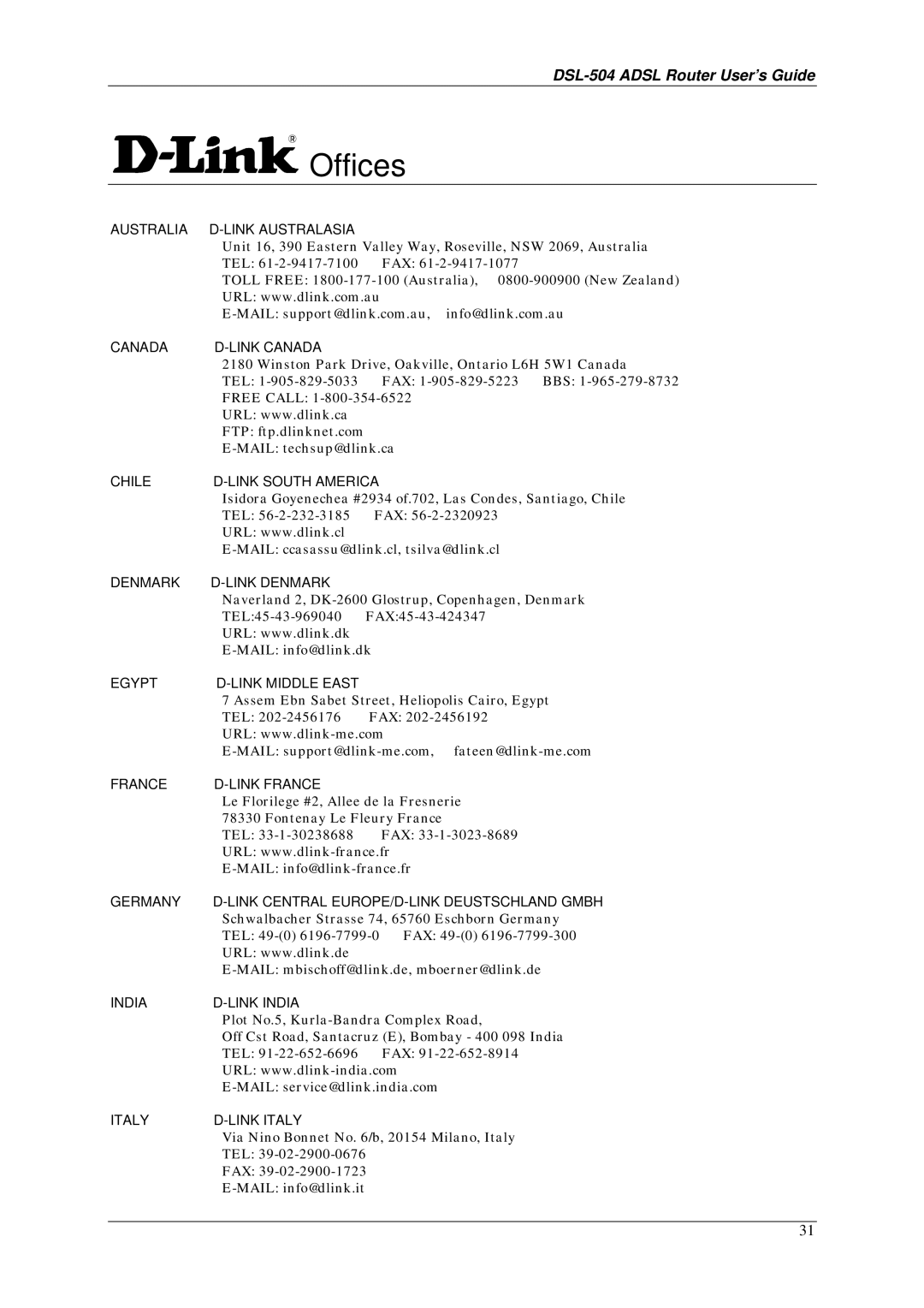 D-Link DSL-504 manual Offices 