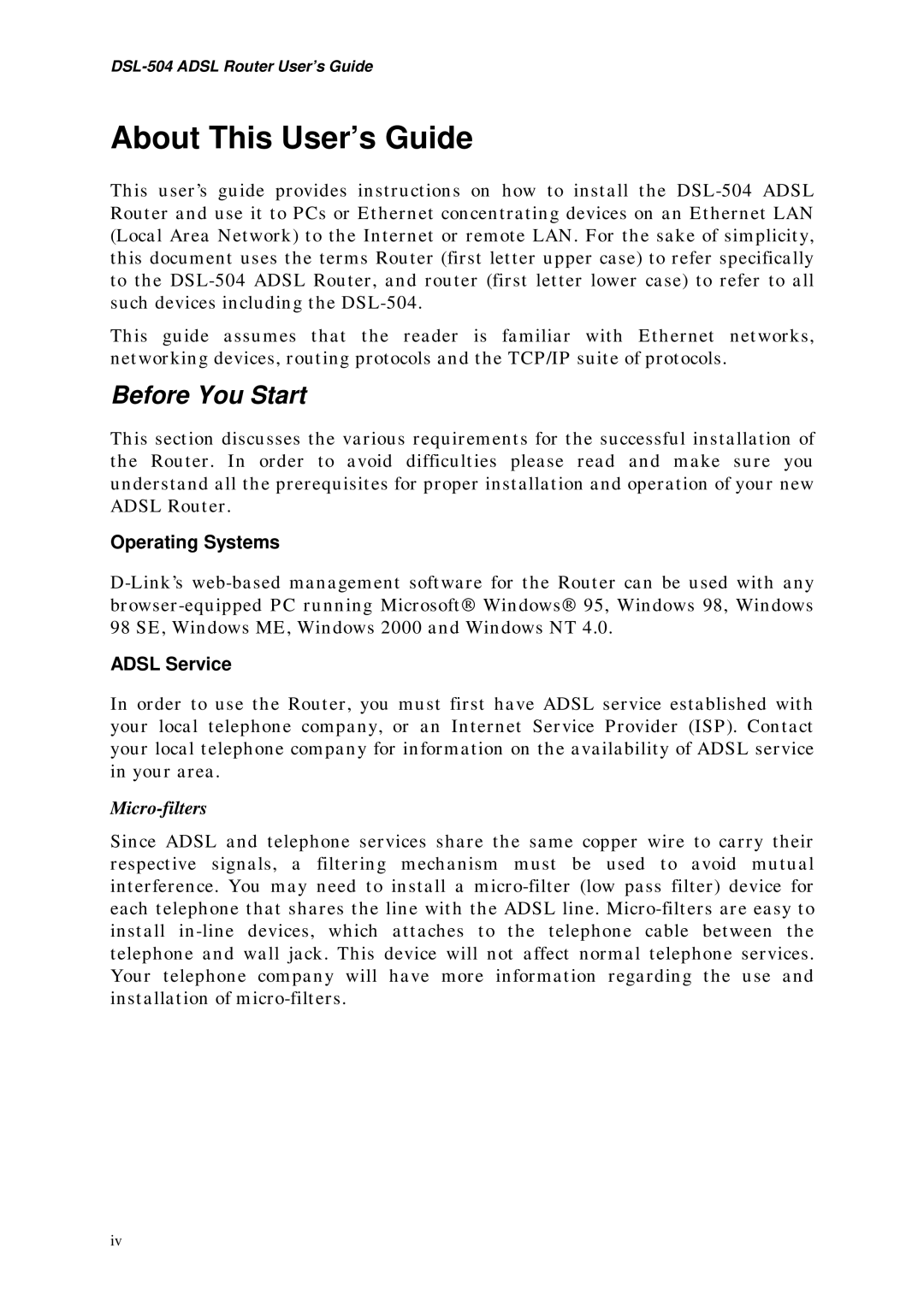 D-Link DSL-504 manual About This User’s Guide, Before You Start, Operating Systems, Adsl Service 