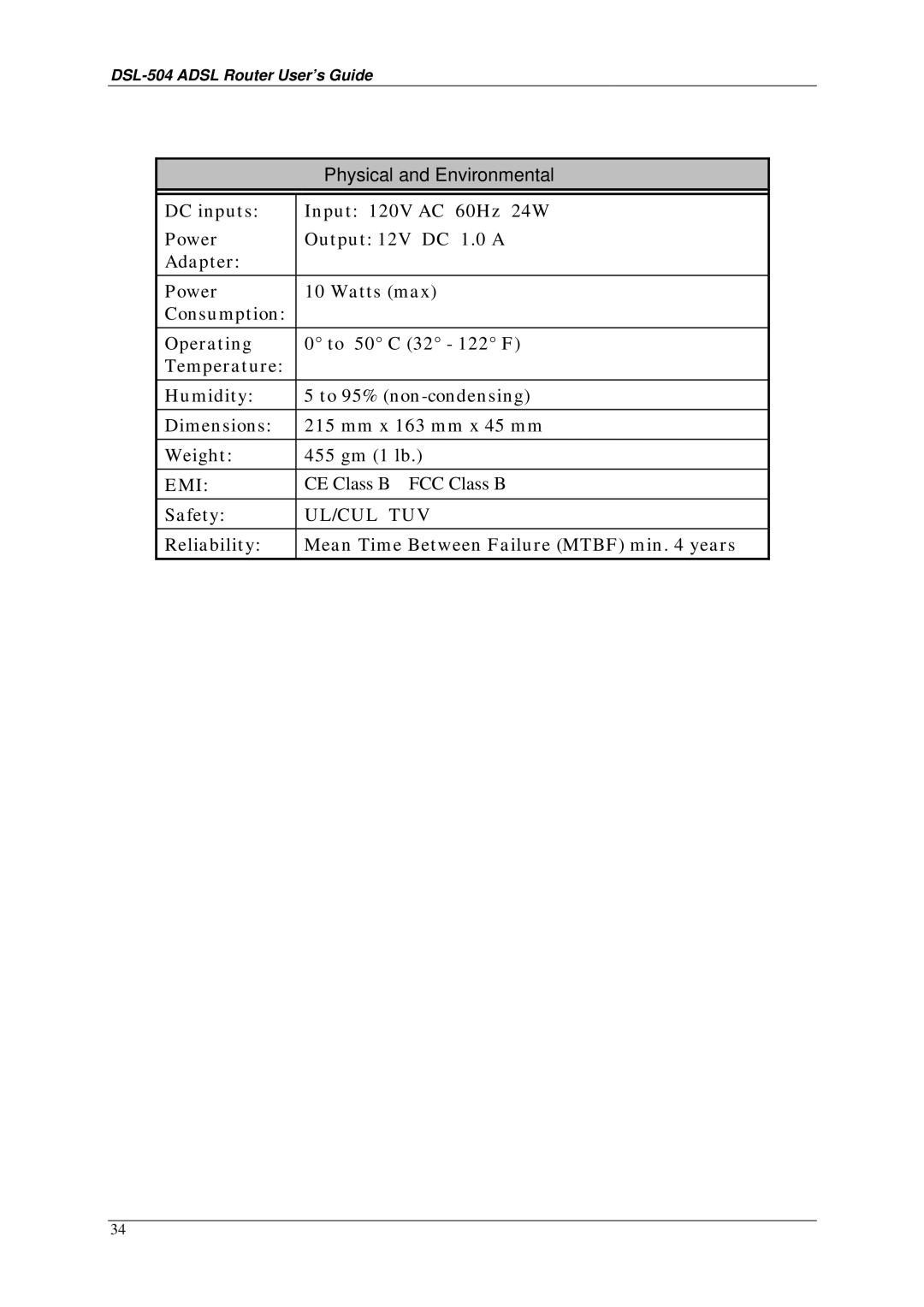 D-Link DSL-504 manual Physical and Environmental, CE Class B FCC Class B 