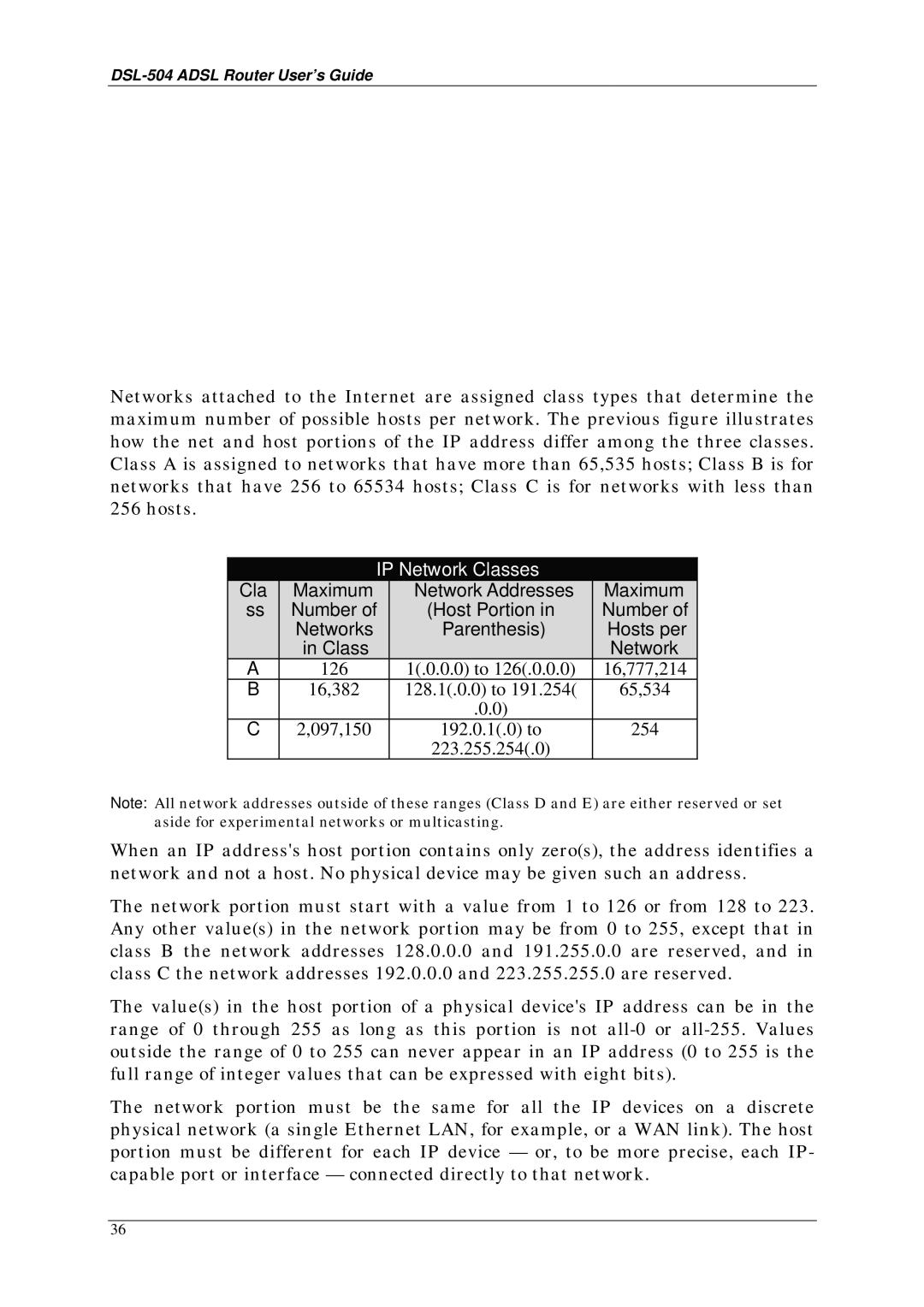 D-Link DSL-504 manual IP Network Classes 