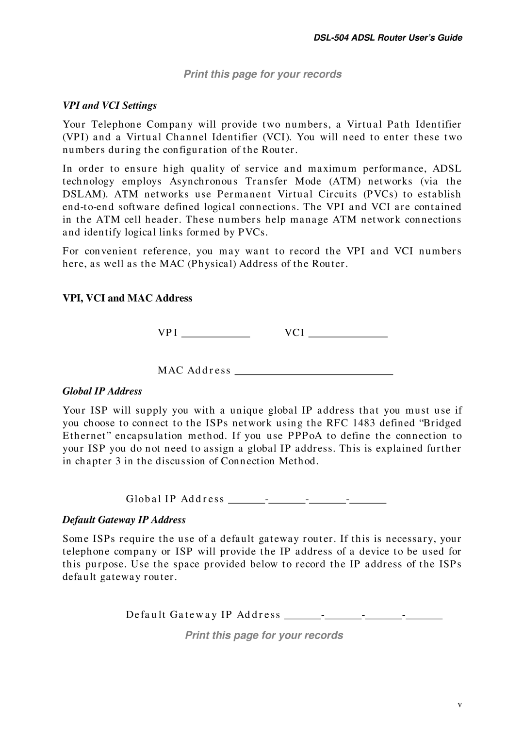 D-Link DSL-504 manual VPI VCI MAC Address, Global IP Address, Default Gateway IP Address 