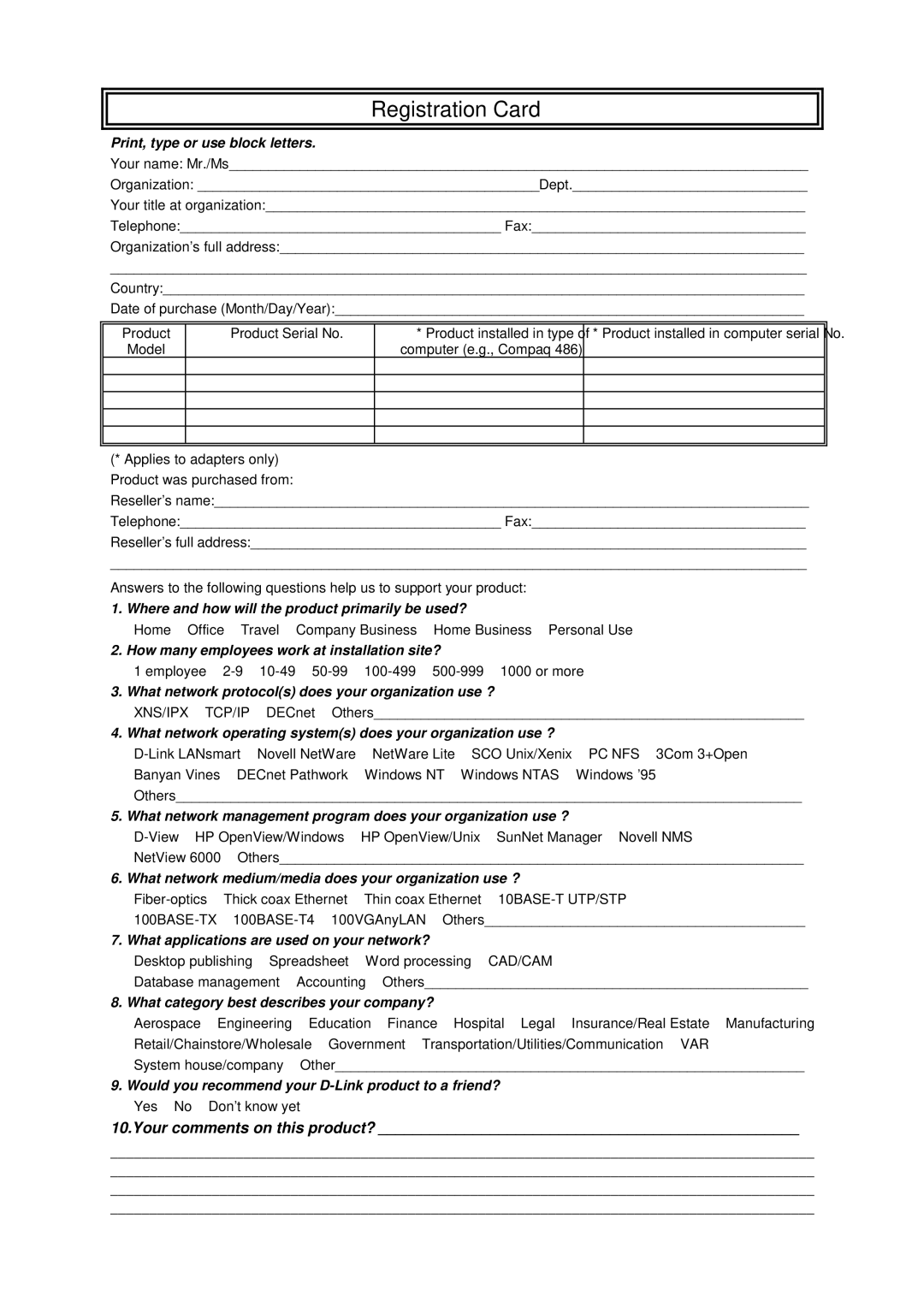 D-Link DSL-504 manual Registration Card 