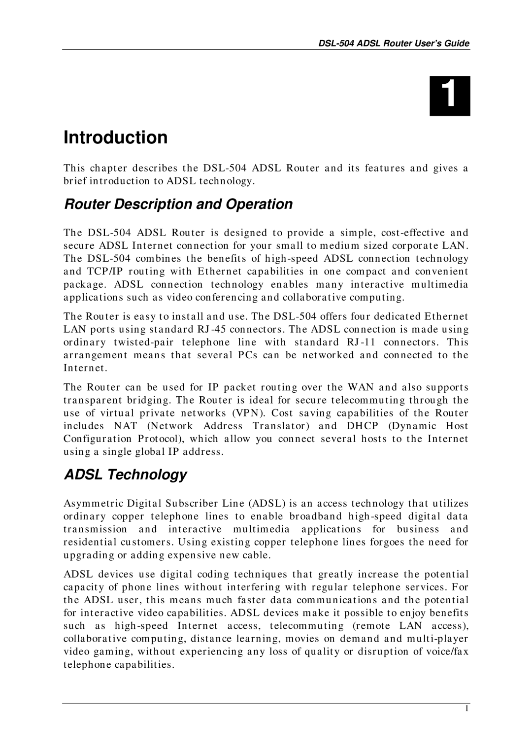 D-Link DSL-504 manual Introduction, Router Description and Operation, Adsl Technology 