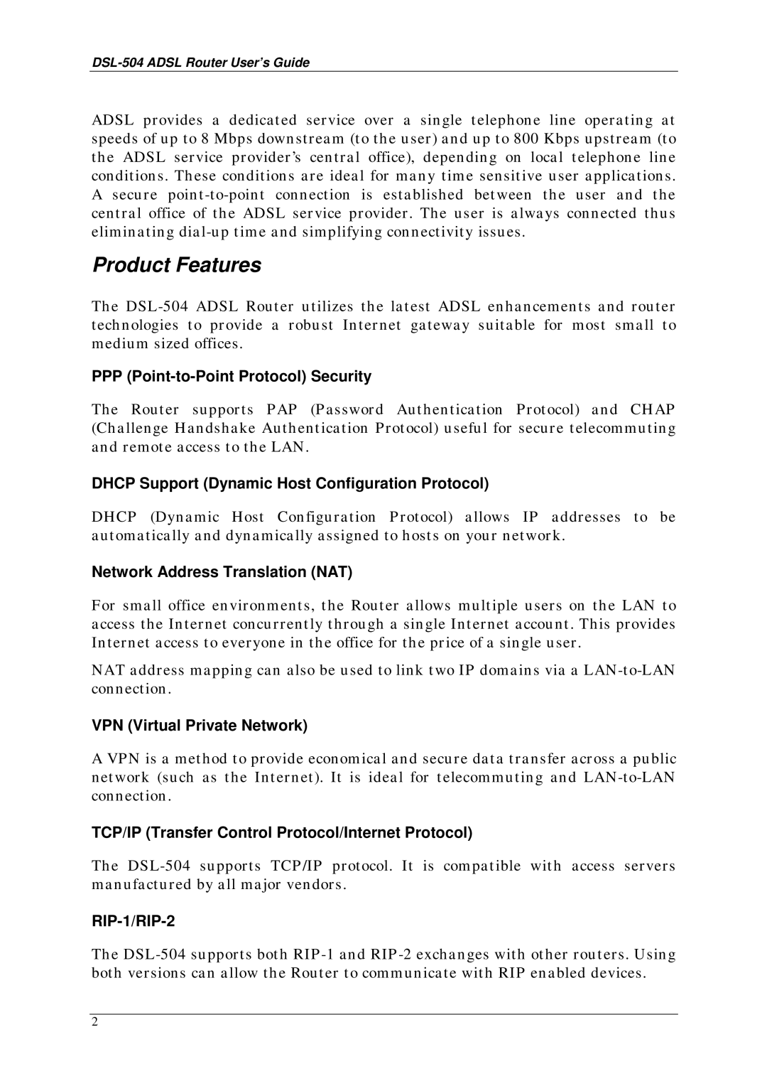 D-Link DSL-504 manual Product Features 