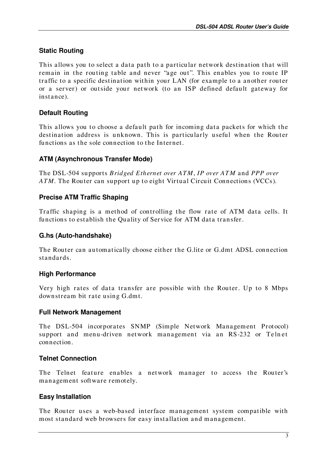 D-Link DSL-504 manual Static Routing, Default Routing, ATM Asynchronous Transfer Mode, Precise ATM Traffic Shaping 