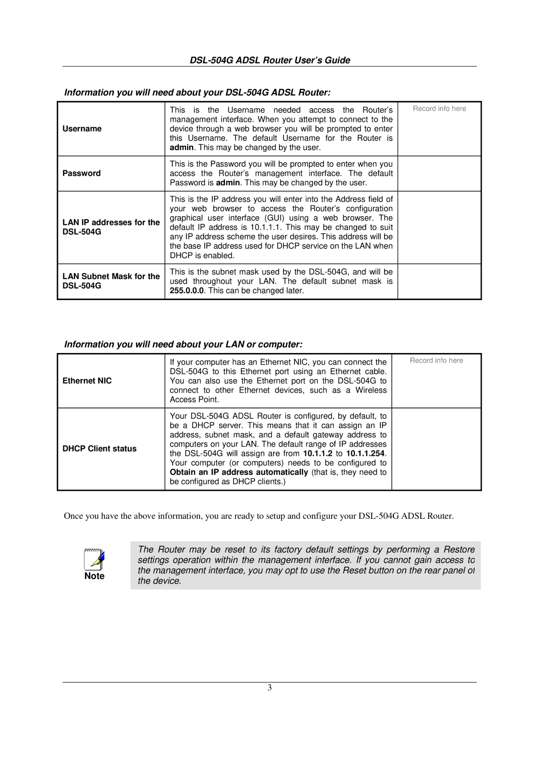 D-Link DSL-504G manual Information you will need about your LAN or computer 