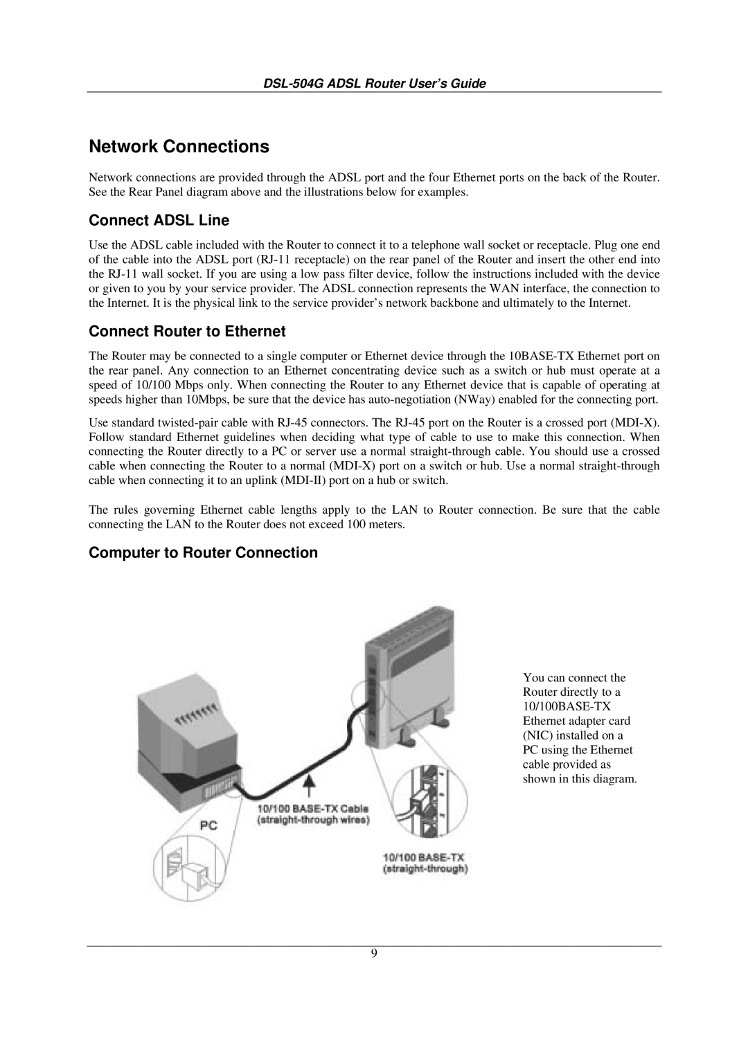 D-Link DSL-504G manual Network Connections, Connect Adsl Line, Connect Router to Ethernet, Computer to Router Connection 