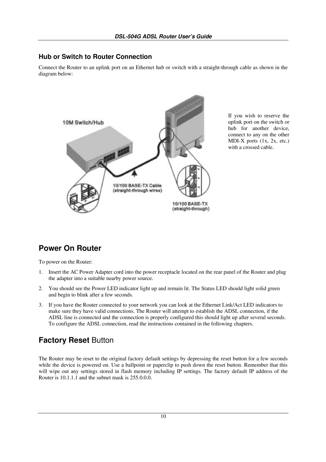 D-Link DSL-504G manual Hub or Switch to Router Connection 