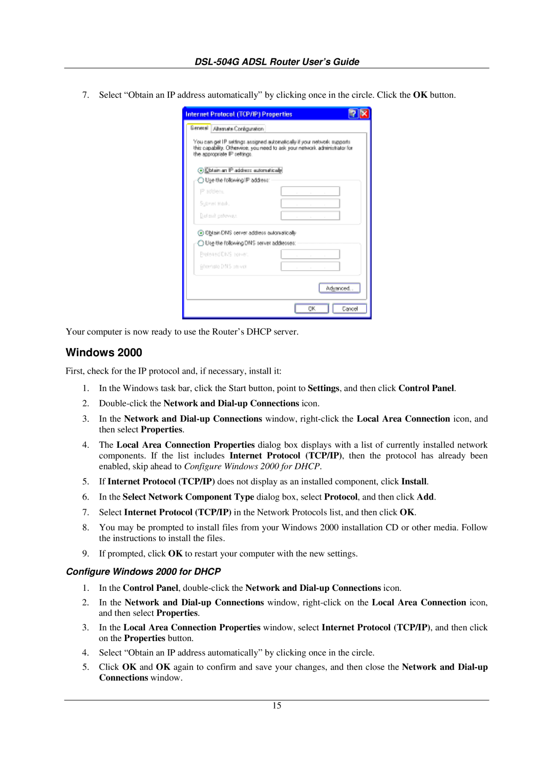 D-Link DSL-504G manual Configure Windows 2000 for Dhcp 