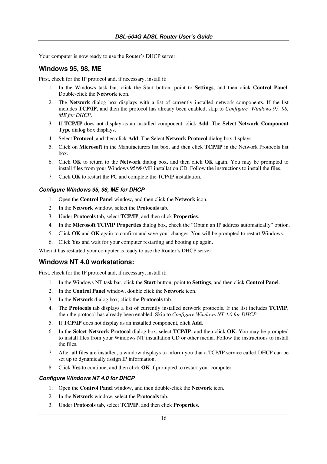 D-Link DSL-504G manual Windows 95, 98, ME, Windows NT 4.0 workstations 