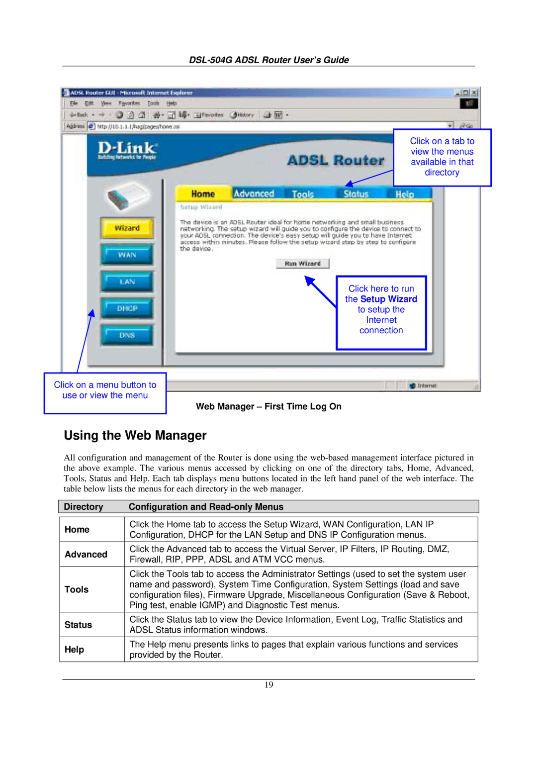 D-Link DSL-504G manual Using the Web Manager 