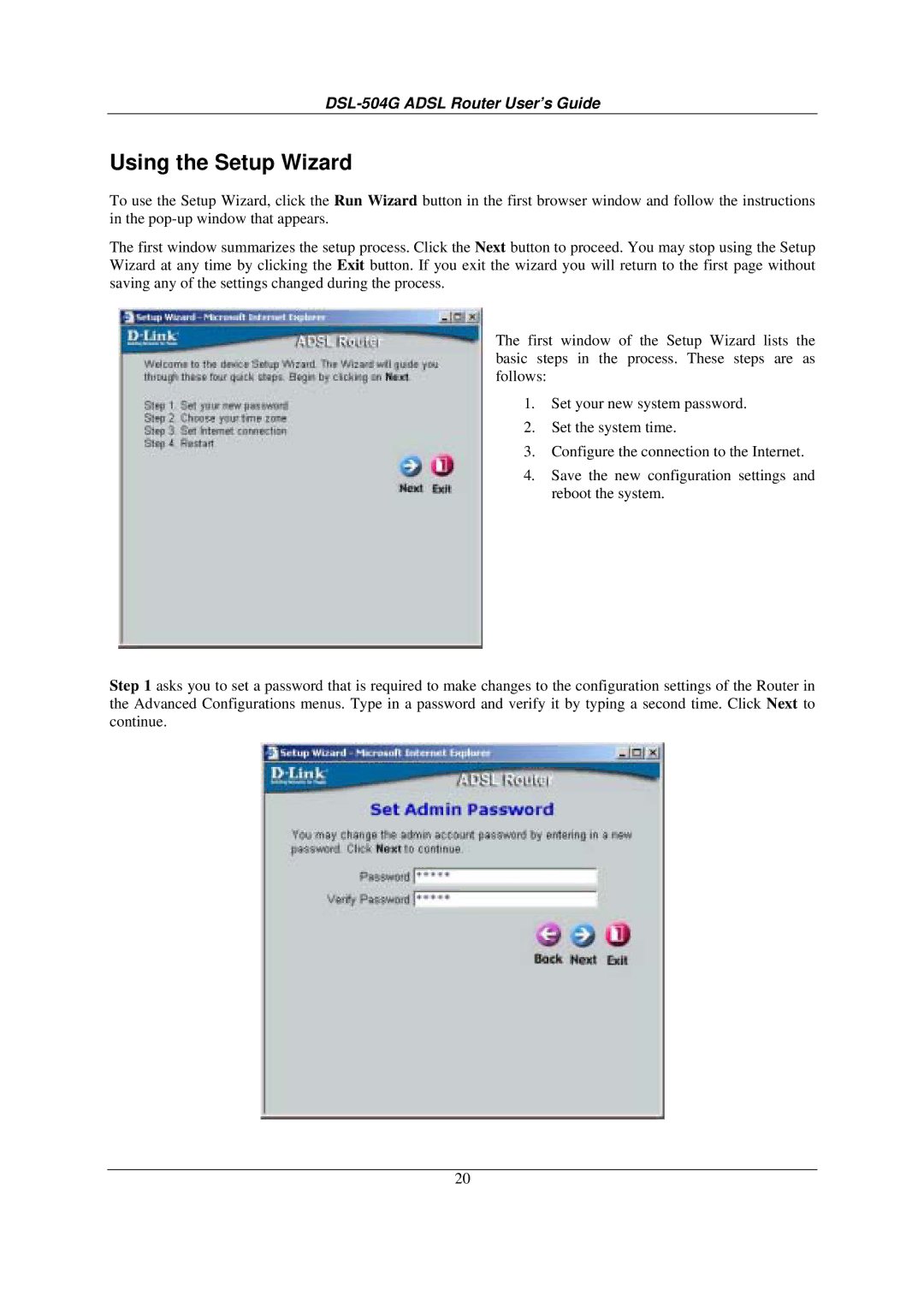 D-Link DSL-504G manual Using the Setup Wizard 