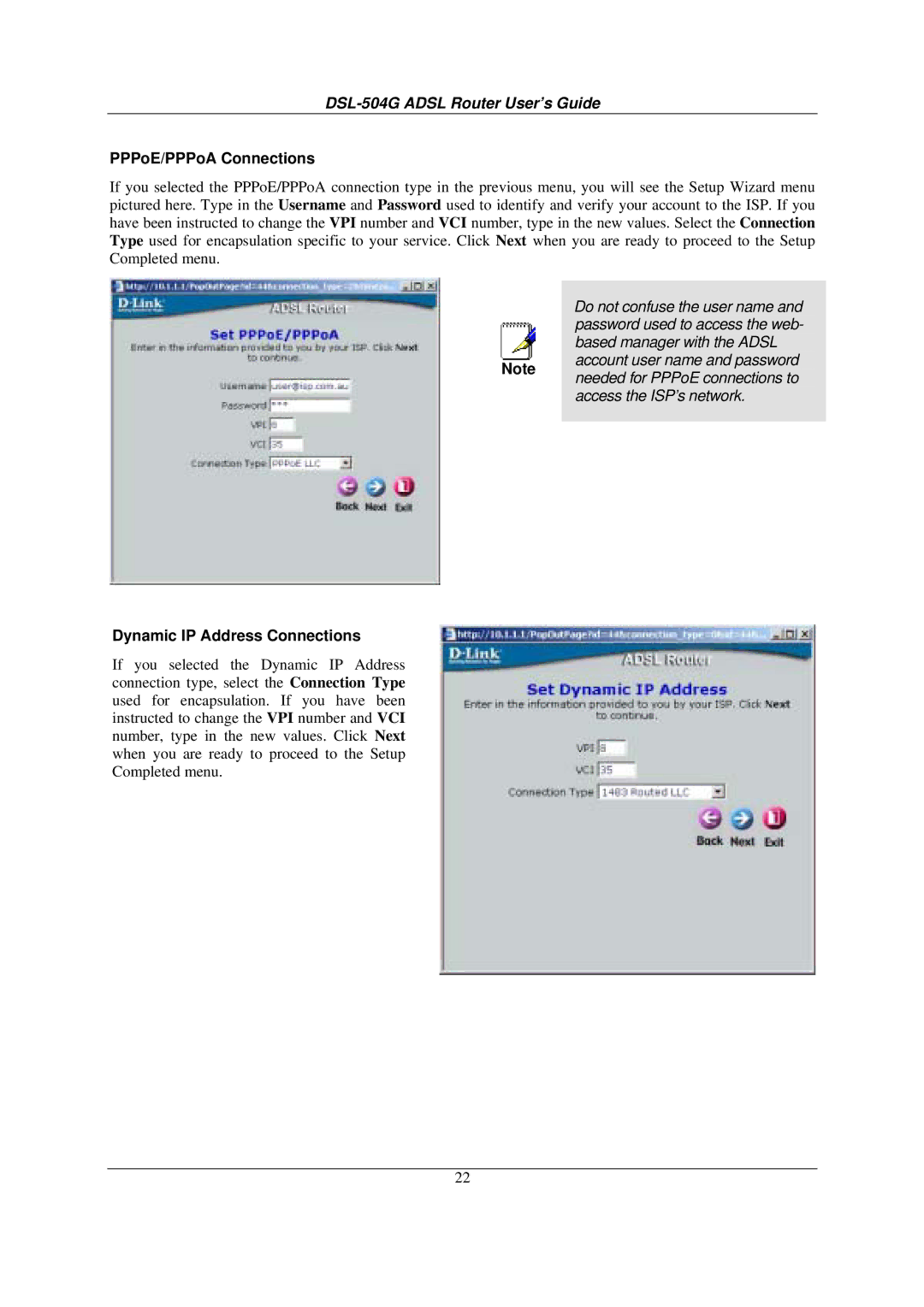 D-Link DSL-504G manual PPPoE/PPPoA Connections, Dynamic IP Address Connections 