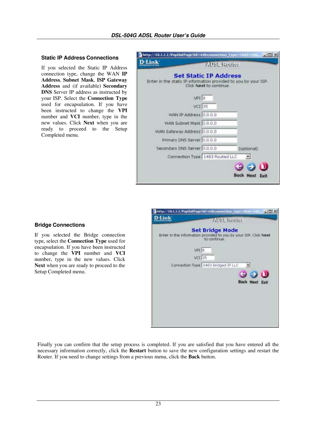 D-Link DSL-504G manual Static IP Address Connections, Bridge Connections 