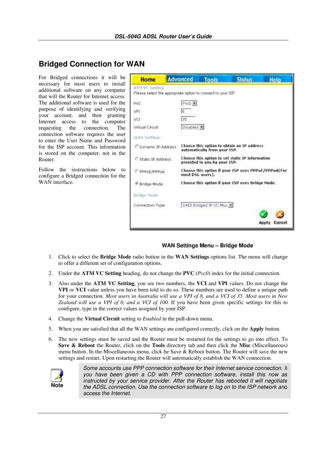 D-Link DSL-504G manual Bridged Connection for WAN, WAN Settings Menu Bridge Mode 