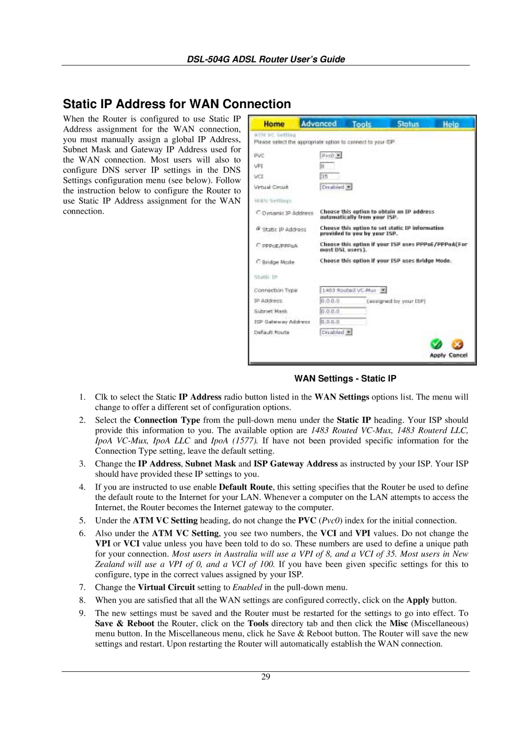 D-Link DSL-504G manual Static IP Address for WAN Connection, WAN Settings Static IP 