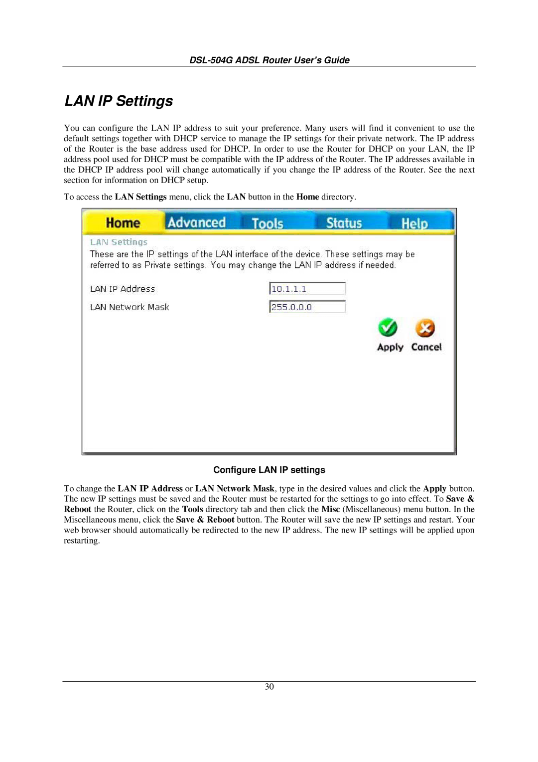 D-Link DSL-504G manual LAN IP Settings, Configure LAN IP settings 