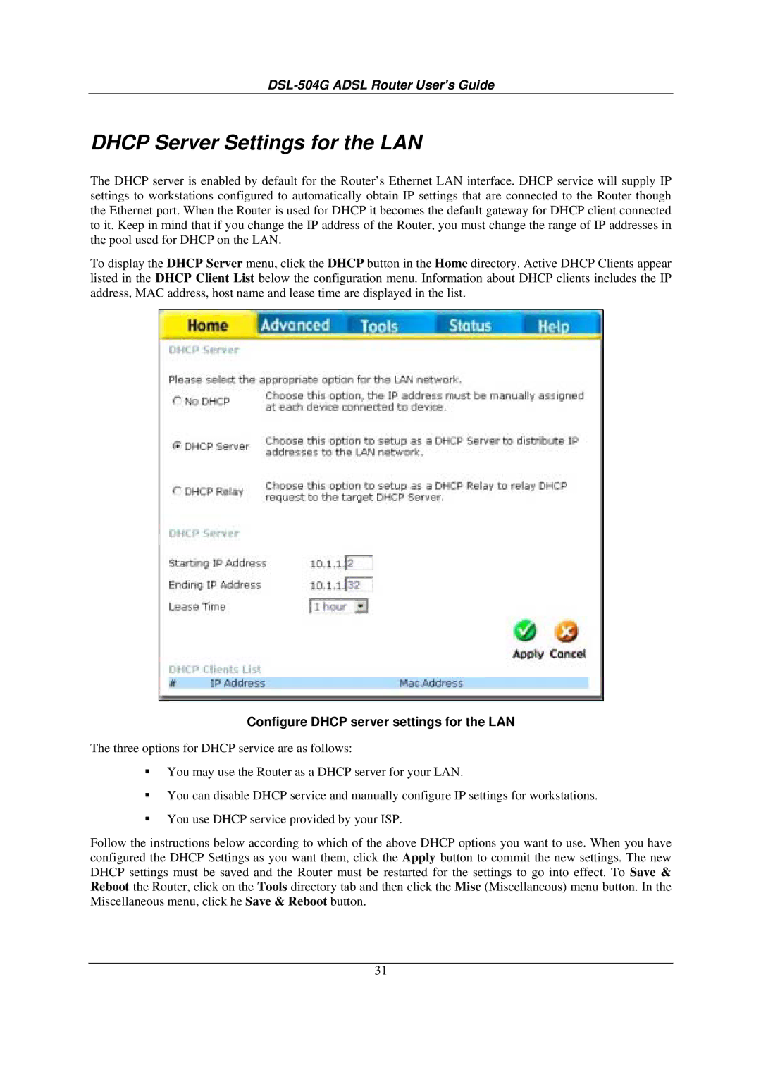 D-Link DSL-504G manual Dhcp Server Settings for the LAN, Configure Dhcp server settings for the LAN 